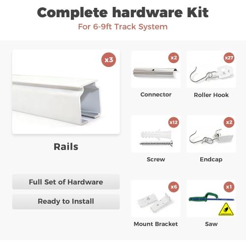 ChadMade Ceiling/Wall Mount Curtain Track Rod Set with Hooks, 6ft - 9ft Adjustable Length Window Rod Track Curtain Rail System For Living Room, Work with Grommet and Pinch Pleated Curtain, White