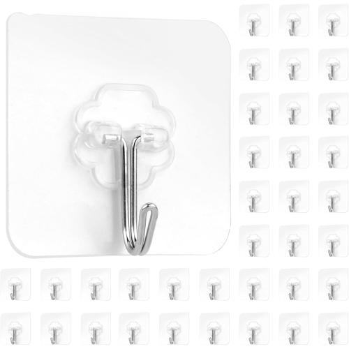Adhesive Hooks for Hanging,Adhesive Wall Hooks,36 Pcs15LB Sticky Hooks,Clear Hooks for Walls,Shower Hooks,Utility Hooks,Kitchen Hook