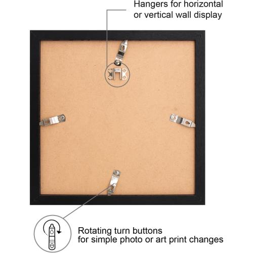Boarding 12x12 Wood Picture Frame with Shatter-Resistant Glass, Black Square Frame with Engineered Wood for 10x10 with Mat or 12x12 Without-Sylvan Collection for Wall Display