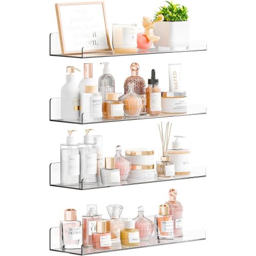 Yieach 4 Pack 15 Acrylic Shelves for Wall,Bathroom,Bedroom - with Adhesive - No Drilling Clear Floating Shelves for Funko Pop,Lego,Action Figures,Nail Polish,Perfume Shelf and Wall Storage & Display