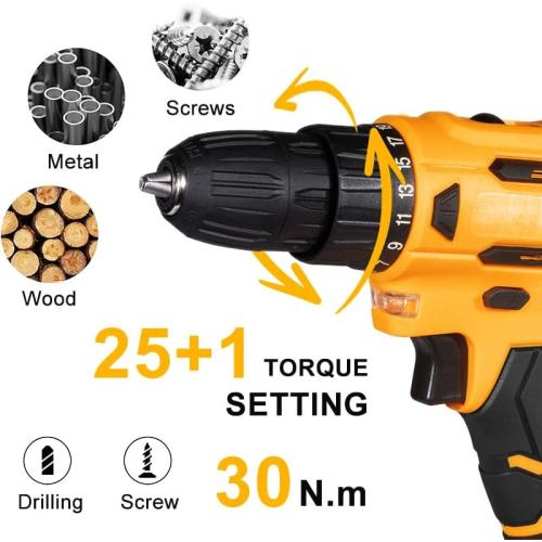 Black and Grey 21V Cordless Drill with 25 1 Torque, 30N.m, 3/8'' Keyless Chuck, LED Light, Battery and Charger(Gray)