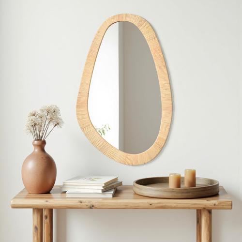 Rattan Mirror for Wall,30.5'' x 19.5 Wooden Framed Farmhouse Boho Wicker Coastal Irregular Vanity Mirror for Bathroom Living Room Entryway