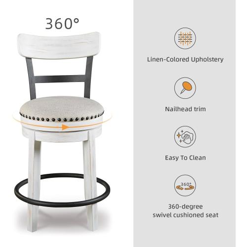 Signature Design by Ashley Valebeck | Modern Swivel 24.5 Counter Height Barstool – Rustic-Industrial Whitewash, Upholstered Cushion, 360° Swivel, Nailhead Trim