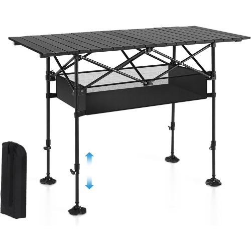 ALPHA CAMP Folding Camping Table, Portable Roll-up Table with Adjustable Height, Large Storage Bag and Carrying Bag, Tall Aluminum Table for Indoor & Outdoor Picnic BBQ Backyards Beach