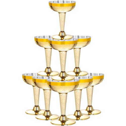 Lullaby 50PCS 5oz Plastic Champagne Coupe Glasses with Gold Rim, Elegant Plastic Champagne Glasses, Unbreakable and Crystal Clear, Perfect for Weddings, Parties, Birthdays, and Special Occasions