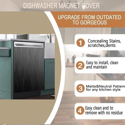 Black Brushed Stainless Steel Dishwasher Magnet Skin Cover, Black Metal Pattern Front Dishwasher Cover Magnet Decoration, Stainless Steel Home Cabinet Decals Appliances Sticker - 23L x 26H Magnetic