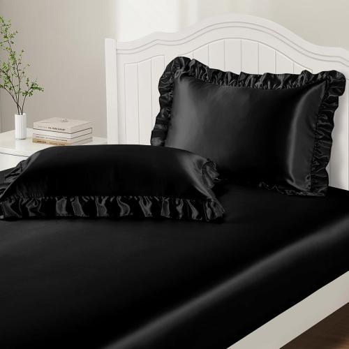 P Pothuiny 3-Piece Set Ruffle Satin Pillowcases & Twin Fitted Sheet