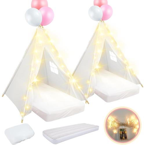 2 Pack Kids Teepee Tent with Mattress,Fitted Sheet,Light String,Washable Natural Cotton Toddler Play Tent for Girls Boys Indoor Outdoor Sleepover Slumber Birthday Party(White)