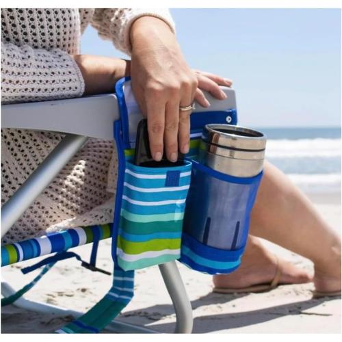 Tommy Bahama 5 Position Beach Chair, Zippered Insulated Cargo Pouch, Cup and Cell Phone Holders, Towel Bar, Pillow for Extra Comfort, Heavy-Duty Weight Capacity, 2-Pack (Aqua Stripes)