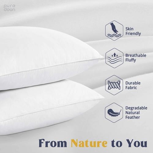 puredown® Goose Feathers and Down White Pillows with 100% Soft Cotton Cover, Bed Sleeping Hotel Collection Pillows Set of 2 Queen Size
