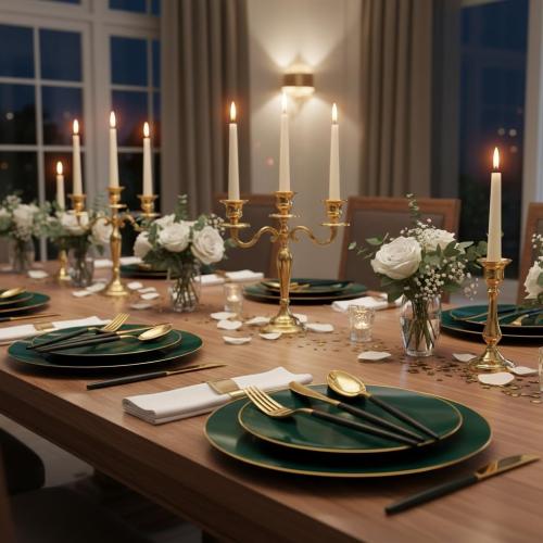 Liacere 150PCS Green Plastic Plates - Gold Plastic Silverware with Green Handle - Heavy Duty Fancy Plastic Plates Disposable Include 30 Guests Plates, Forks, Spoons, Knives for St. Patrick's Day