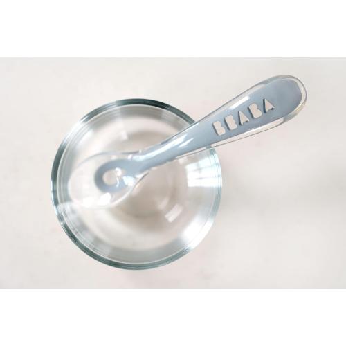 BEABA Toddler's Self-Feeding Spoon Set with Travel Case, Original Silicone Baby Spoons, Baby Essentials, Travel Set, Sage   Cloud