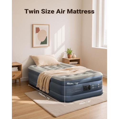 iDOO Twin Air Mattress with Built in Pump, 18 Raised Compact Blow up Mattress, Inflatable Mattress for Camping Guest Home, Portable Travel Air Bed, 2-Min Quick Inflation Deflation, Colchon inflable