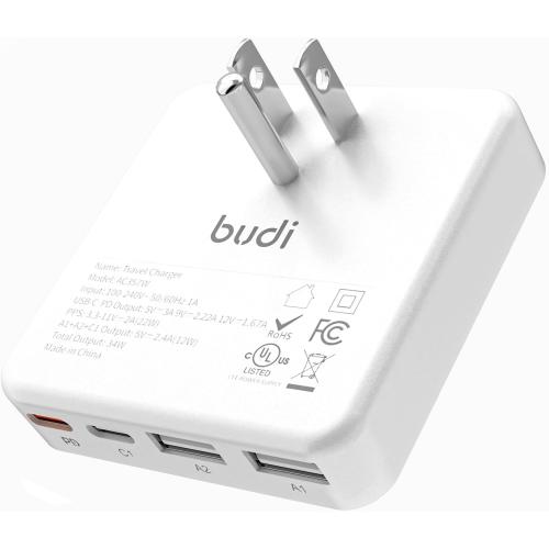 BUDI Flat USB C Wall Charger, 34W 4-Port USB Charger Block, Fast Charging Block with 20W Port Power Delivery and Dual Type-C for iPhone 16/15/14/13/12/11/Pro Max/XS/XR/8/7,Tablets