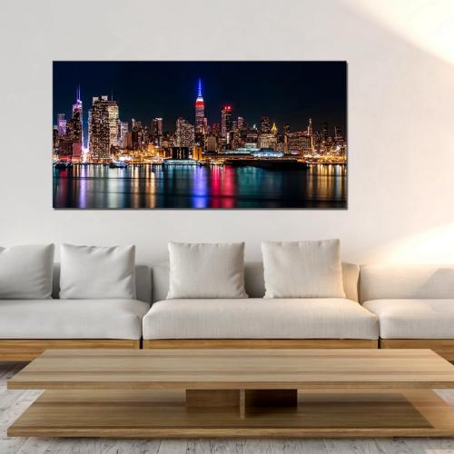 Size 10x60 Modern New York City Night Canvas Wall Art Manhattan Skyline Landscape Artwork for Living Room Home Office Wall Decor Gift Print Framed
