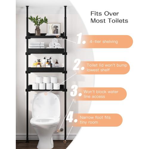ALLZONE 4 Tier Over The Toilet Storage, Adjustable Wood Over Toilet Bathroom Organizer, Freestanding Shelves, Fit Most Showers Over The Toilet Shelf, 92 to 116 Inch Tall, Black