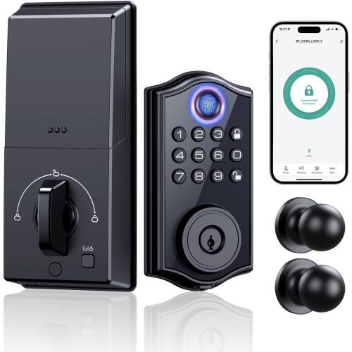 Smart Locks for Front Door,APP Control Keyless Entry Fingerprint Door Lock,Keypad Deadbolt Set with Handle,Easy Installation,Auto-Lock,(Matte Black)