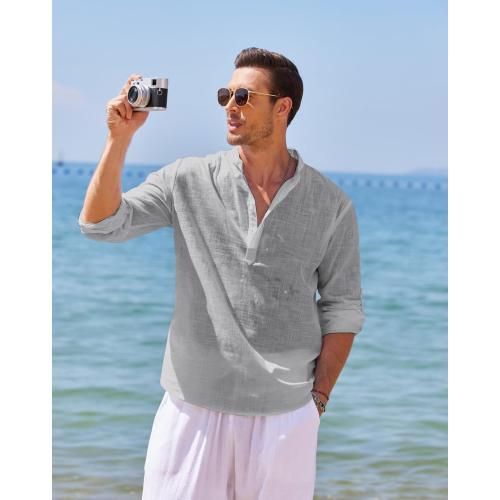COOFANDY Men's Cotton Linen Henley T-Shirt Long Sleeve Hippie Casual Beach T-Shirts