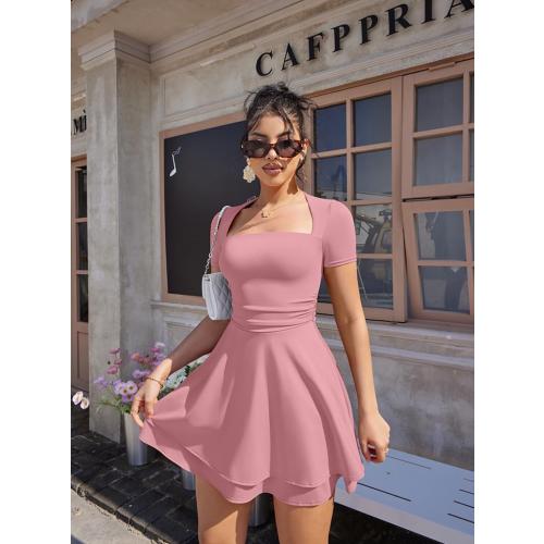 XXTAXN Women's Sexy Square Neck Short Sleeve Ruched Tiered Ruffle Hem Flowy Club Party Mini Dress large