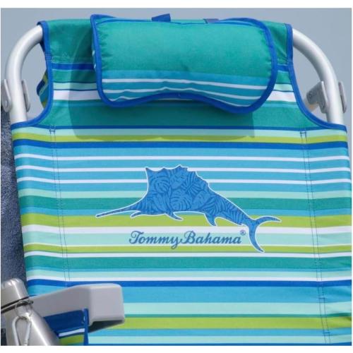Tommy Bahama 5 Position Beach Chair, Zippered Insulated Cargo Pouch, Cup and Cell Phone Holders, Towel Bar, Pillow for Extra Comfort, Heavy-Duty Weight Capacity, 2-Pack (Aqua Stripes)