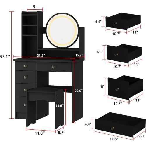 Makeup Vanity Set Dresser Desk with 5 Drawer and Shelf Round Mirror with Touch Screen and Light Vanity Set with Cushioned Stool for Bedroom, Black