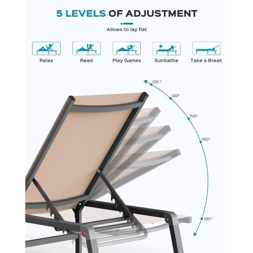 Aluminum Chaise Lounge Ourdoor - Foldable & Assemble Free Outdoor Lounge Chair with 5 Adjustable Backrest, Patio Lounge Chair for Outside Poolside Beach Pool, Khaki