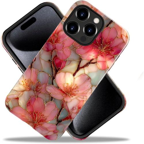 Compatible with iPhone 16 Pro Case,Glossy Case All-Round Protection Shockproof Anti-Scratches TPU Cover,Cases for Man Woman-Blossoms Pink Flower Stained Glass