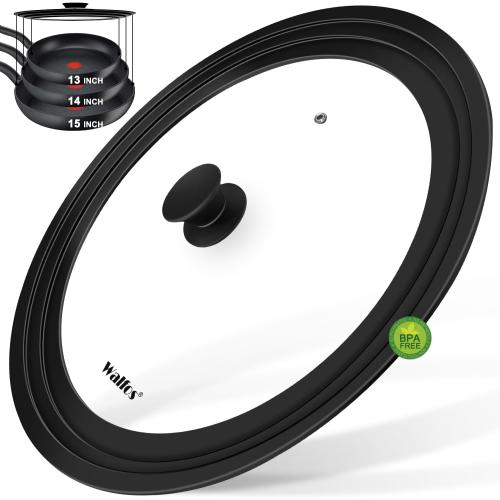 Walfos Universal Lid for Pots, Pans and Skillets - Tempered Glass with Heat Resistant Silicone Rim, Fits 13, 14 and 15 Diameter Cookware