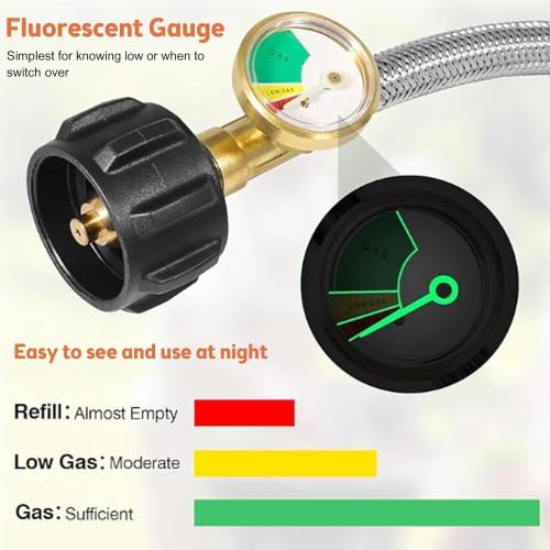 15 Inch RV Propane Hose Replacement with Gauge, 2 Pack - Stainless Steel Braided Hose for RV Two-Stage Regulator - 1/4 Male NPT & QCC1 Inlet, 350PSI