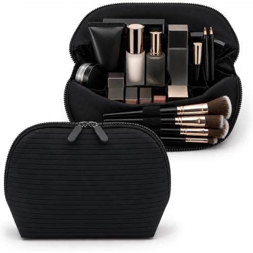 Standing Fold Down Parallel Travel Makeup Bag for Women, Cosmetic Organizer with Multi-Compartments, Stand Bag Organizes skincare, Makeup and Brushes (Premium Version, Black, Medium)