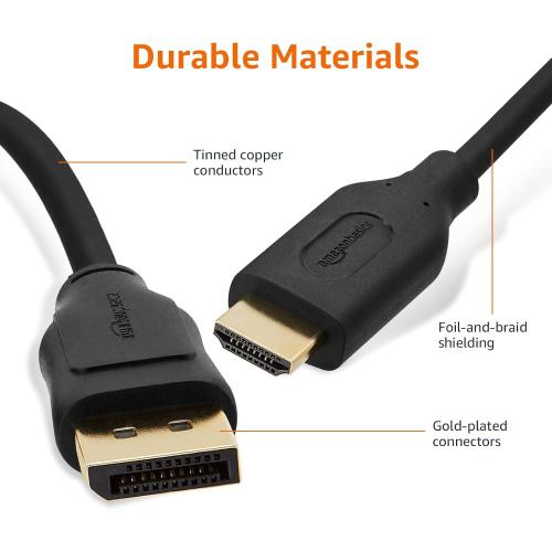 Amazon Basics DisplayPort to HDMI Cable, Uni-Directional, 4K@30Hz, 1920x1200, 1080p, Gold-Plated Connectors for Enhanced Picture Quality and Sound, 6 ft, Black