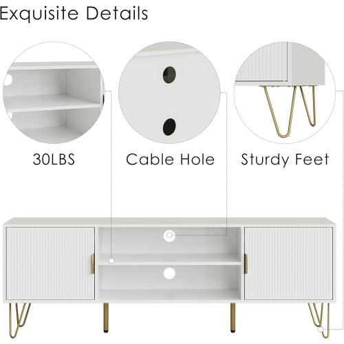 Apetaccat TV Stand for 55-65 Inch TV, Entertainment Center with Soft Hinge Door,TV Console Table with 2 Cabinets with Gold Handle and Feet,for Living Room, Bedroom, White