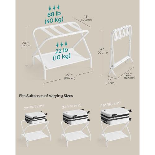 Set of 2 Size 27.2 x 15 x 20.5 Color White  SONGMICS Luggage Racks, Set of 2, Suitcase Stand with Fabric Storage Shelf, for Guest Room, Bedroom, Hotel, Foldable, Holds up to 110 lb, 27.2 x 15 x 20.5 Inches, Cloud White RLR002W02