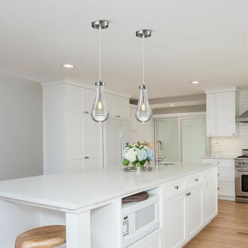 Raindrop Pendant Lights Kitchen Island Teardrop Nickel Hanging Light Fixtures Clear Solid Glass Pendant Light Modern Chandeliers for Dining Room Porch Corridor Living Room(2-Pack)