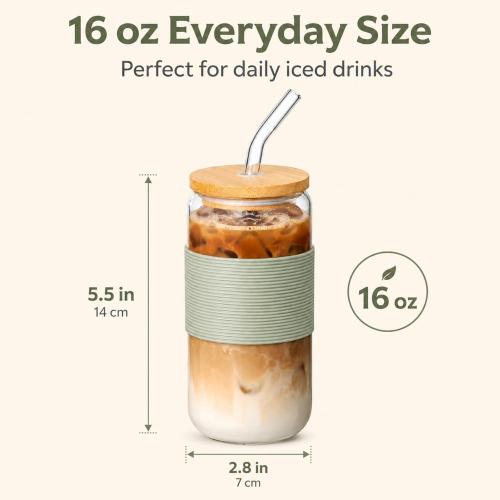 Glass Cup with Lid and Straw, Iced Coffee Cup with Bamboo Lid, 16 oz Reusable Glass Tumbler with Sage Avocado Green Silicone Sleeve for Matcha Latte, Cold Brew and Milk Tea
