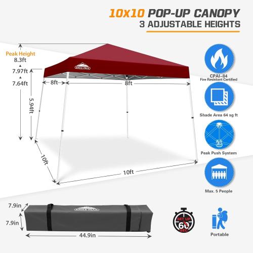 EAGLE PEAK 10x10 Slant Leg Pop-up Canopy Tent Easy One Person Setup Instant Outdoor Beach Canopy Folding Portable Sports Shelter 10x10 Base 8x8 Top (Burgundy)