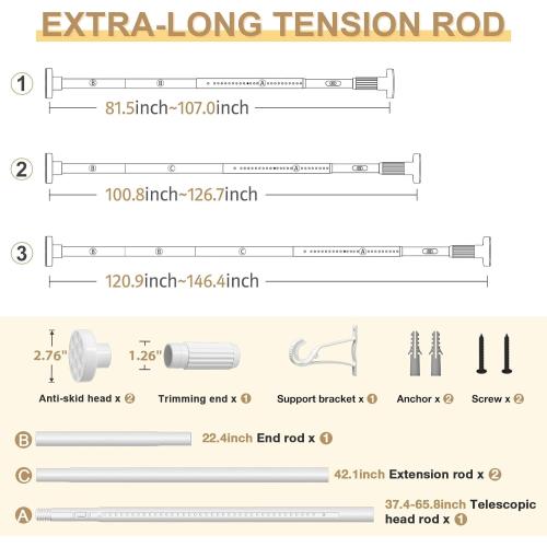 White Tension Curtain Rod 41-146In(4-12Ft), Extra Long Outdoor Curtain Rod No Drilling for Window or Patio, Heavy Duty Shower Rod for Bathroom,Rod Diameter 1.26In(2Pack)