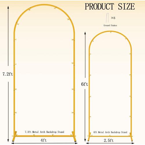 Set of 2 Gold Metal Wedding Arch Backdrop Stand (7.2FT and 6FT), Balloon Arch Stand for for Party, Wedding, Baby Shower, Graduations, Holiday Ceremony - Ideal for Balloons Flowers and Garden Decor