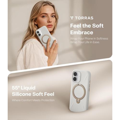 TORRAS Ostand Q3 Silicone for iPhone 17 Case, Fit for MagSafe, 360 Ring Holder Kickstand, Soft Liquid Silicone Cozy Grip, Camera Control, Shockproof Rugged Protective Case for iPhone 17, Ivory Gold