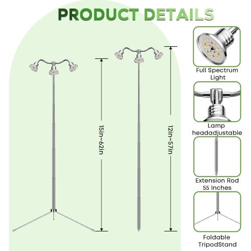 Full Spectrum Grow Lights for Indoor Plants 15-62 Inches Height Adjustable Aluminum Alloy Plant Growing Lamps with Detachable Tripod Stand, Auto On/Off Timer (Full Spectrum, Three Heads)