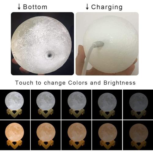Mydethun 3D Moon Lamp with 5.9 Inch Wooden Base - Gift for Mom, LED Night Light, Mood Lighting with Touch Control Brightness for Home Décor, Bedroom, Women Kids Moonlight - White & Yellow