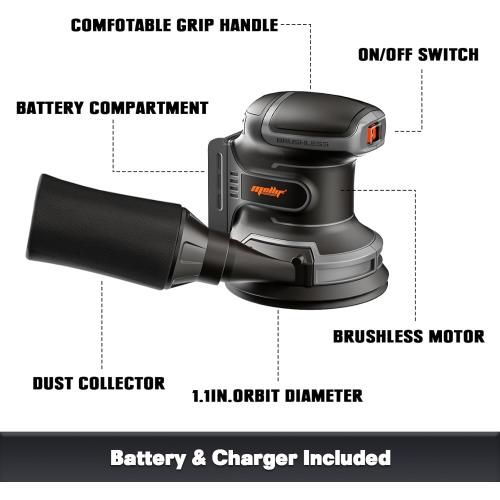 Black and Grey 5 Mellif 5 Inch Random Orbital Sander Compatible with Dewalt 20v Max Battery, Cordless Brushless Palm Orbit Sander, Dust Bag, 6 Speeds, 12000 OPM, 2.0 Battery & Charger Kits, 10PCS Sandpaper Sheets