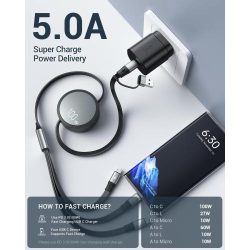 CAFELE 100W Multi Charging Cable, 6-in-1 Retractable USB C Cable, 5A Fast Charger Cord for Multiple Devices with Type C/L/Micro Ports for Phone 17 16 15 14 Pro Max, S24/S23, MBook, Pad (3.6ft)