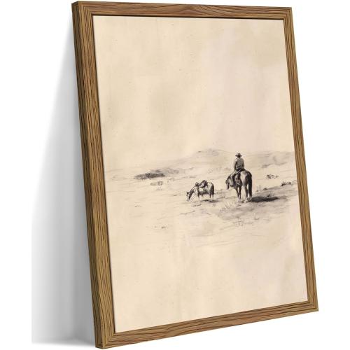 Western Cowboy Framed Canvas Wall Art – Vintage Horse Sketch Painting Print, Rustic Equestrian Wrangler Pictures for Living Room Bedroom Nursery Office Farmhouse Decor 16x24 inch