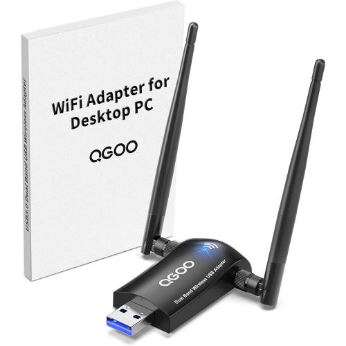 WiFi Adapter for Desktop PC, QGOO Wireless AC1300Mbps USB 3.0 Network Dongle with 5dBi High Gain Dual Antennas, 2.4GHz/5GHz Dual Band for Laptop Computer Compatible Windows11/10/8/7