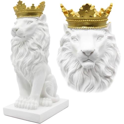 H&W 15''H Crown Lion King Statue, Nordic Style Home and Study Decoration, Collectible Figurines, Best Gift for The Man, White (HH16-D2)