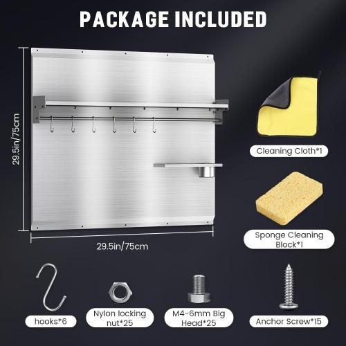 30x30 Stainless Steel Range Backsplash with Stove & Range Hood - Wall Mount Kitchen Back Panel with Storage Shelf & Knife Rack, Pre-Drilled Holes, Easy to Clean & Install