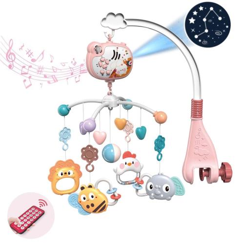 Baby Crib Mobile with Musical, Night Light ＆ Moon Star Projector, Mobile for Crib with Remote Control Timing Function, 360° Rotation Crib Toys for Newborn Infant Boys and Girls(Pink)