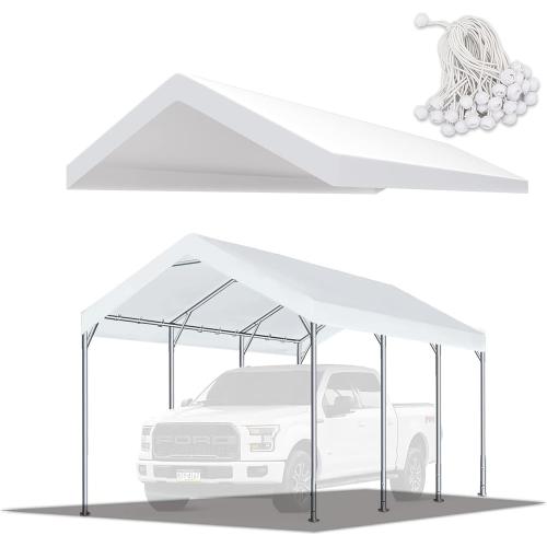 10' x20' Upgraded Carport Replacement Canopy Cover for Car Garage Shelter Party Tent with Ball Bungees White (Only Top Cover, Frame is not Included)