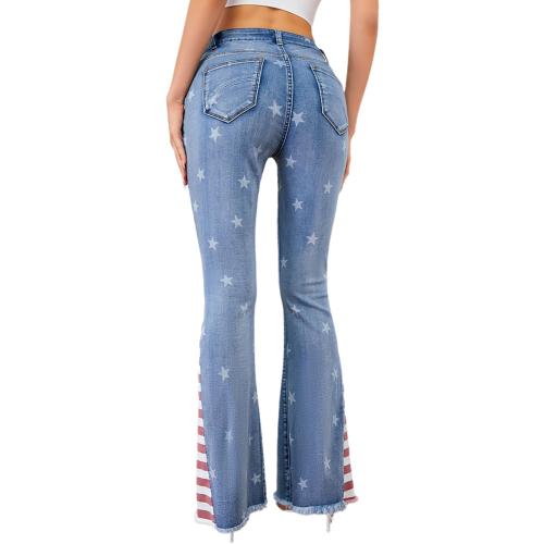 Women's 3XL Ripped American Flag Bell Bottom Jeans High Waisted Frayed Raw Hem Casual Slim Denim Pants